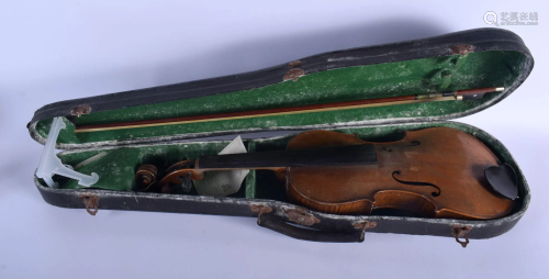 A TWO PIECE BACK VIOLIN with bow. 57 cm long. (2)