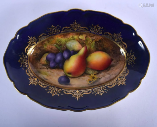 Royal Worcester blue ground oval shaped dish painted