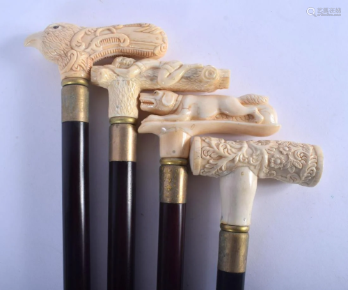 FOUR CONTINENTAL CARVED BONE WALKING CANES with
