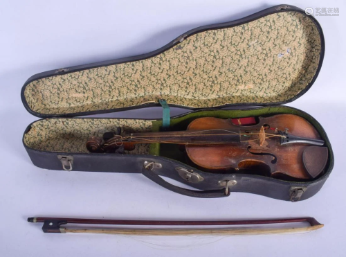 A VINTAGE CHILDS VIOLIN with box. 47 cm long. (2)
