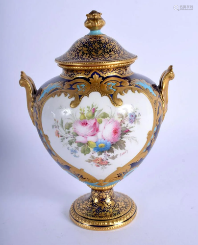 A FINE ROYAL CROWN DERBY TWIN HANDLED VASE AND COVER by