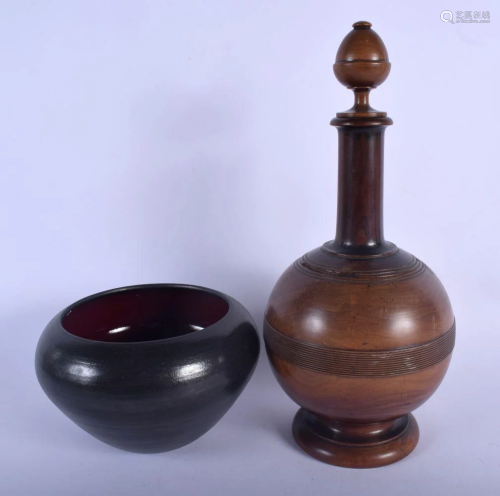 A LARGE ANTIQUE TREEN VASE AND COVER together with a