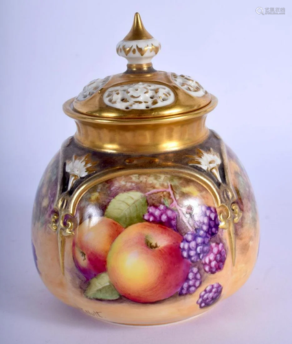 A ROYAL WORCESTER FRUIT PAINTED POT POURRI AND COVER by