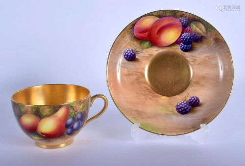 Royal Worcester cup and saucer painted with fruit and