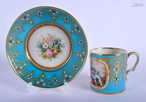 A MID 19TH CENTURY SEVRES PORCELAIN JEWELLED CUP AND