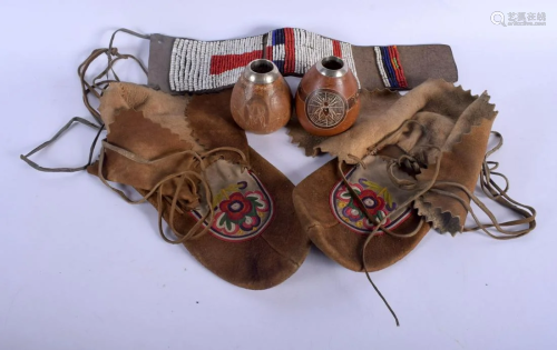 A PAIR OF NORTH AMERICAN TRIBAL MOCCASINS together with