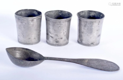 THREE ANTIQUE PEWTER BEAKERS together with an early