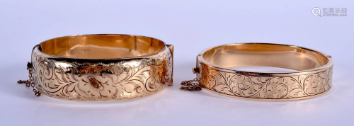 TWO 9CT GOLD PLATED BANGLES. 43 grams. 6.5 cm x 5.5 …