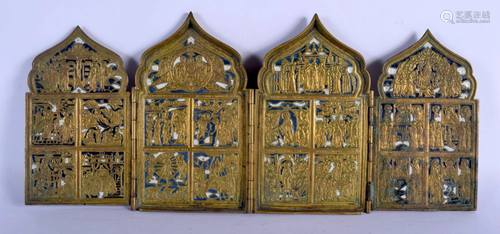 A RARE ANTIQUE RUSSIAN ENAMELLED BRASS FOLDING FOUR