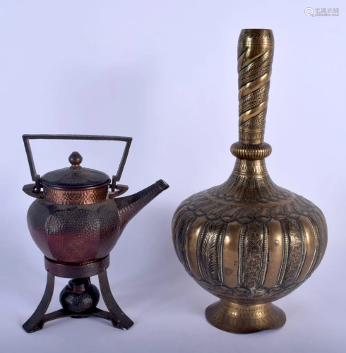 A 19TH CENTURY INDO PERSIAN BRASS BULBOUS VASE toge…