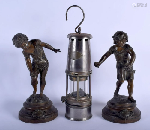 A VINTAGE MINERS LAMP together with a pair of antique