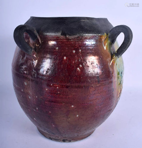 A STUDIO POTTERY METALLIC GLAZED FLAMBE TYPE VASE. 24