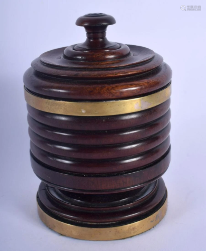AN ANTIQUE TREEN STRING BOX AND COVER with brass