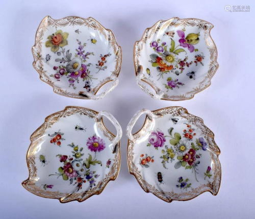 A SET OF FOUR LATE 19TH CENTURY DRESDEN PORCELAIN LEAF