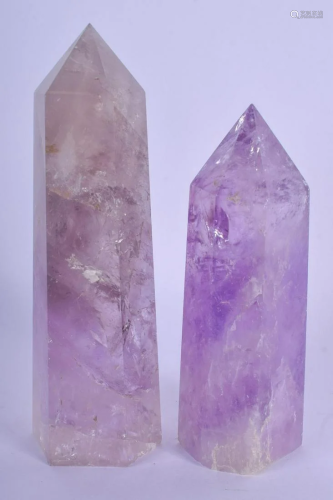 TWO CONTINENTAL CARVED AMETHYST OBELISKS. Largest 13 cm