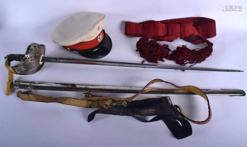 A ROYAL MARINES SWORD with belt, peaked hat and Queens