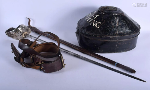 A KING GEORGE V SWORD with belt, frog and tin helmet