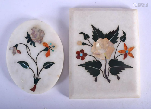 TWO INDIAN PIETRA DURA STONE INLAID PAPERWEIGHTS.