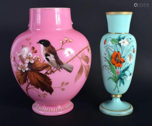 AN EDWARDIAN PINK OPALINE GLASS VASE together with a