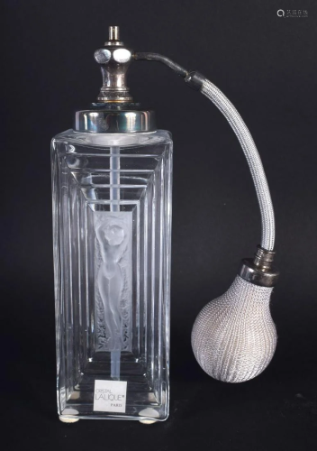 A BOXED LALIQUE GLASS SCENT BOTTLE decorated with a