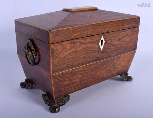 AN ANTIQUE ROSEWOOD TWO DIVISION TEA CADDY with brass