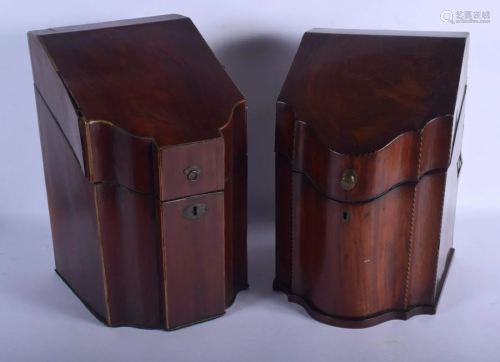 TWO GEORGE III MAHOGANY KNIFE BOXES. Largest 38 cm x 22