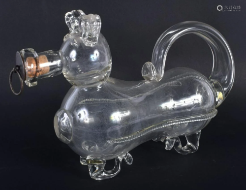 A RARE ANTIQUE CLEAR GLASS NOVELTY DOG DECANTER. 27 cm