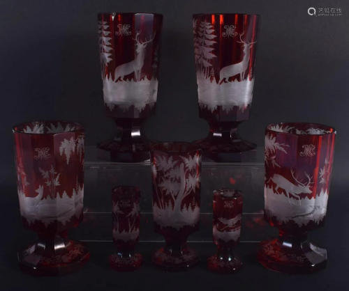 SEVEN ANTIQUE BOHEMIAN RUBY GLASS GOBLET BEAKERS