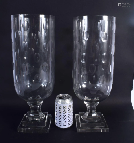 A LARGE PAIR OF CUT GLASS STORM CELERY VASES. 40 cm