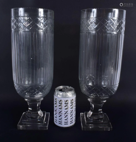 A LARGE PAIR OF CUT GLASS STORM CELERY VASES. 34 cm