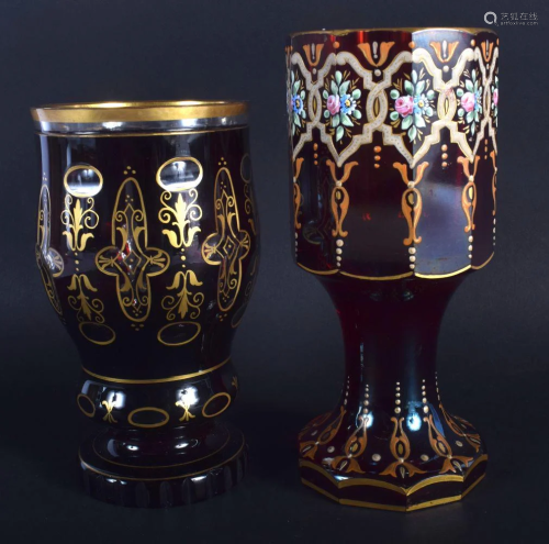 TWO ANTIQUE BOHEMIAN GLASS CUPS. Largest 17.5 cm high.