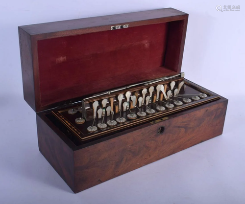 AN ANTIQUE WALNUT INLAID CONCERTINA TYPE INSTRUMENT. 40