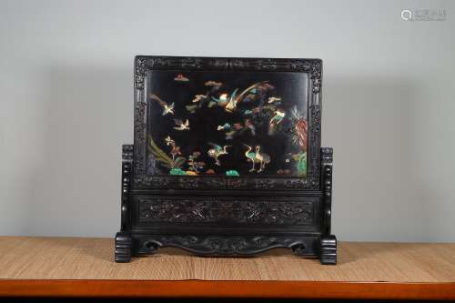 chinese red sandalwood table screen inlaid gems