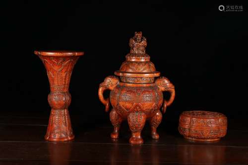 a group of three chinese eaglewood ritual vessels