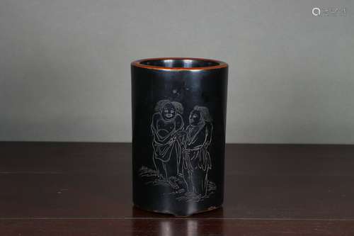 chinese lacquered boxwood brush pot