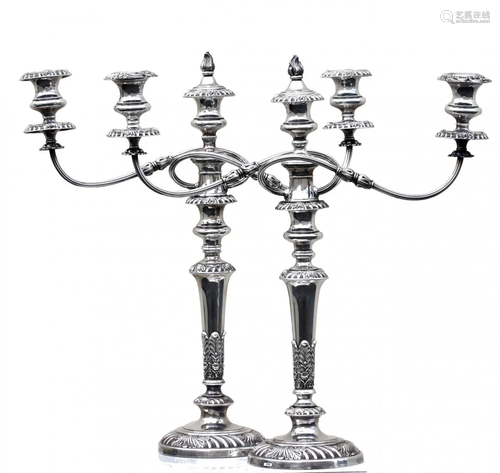 Pair Georgian Style Silver Plated 3- Light Candelabra