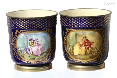 Pair of Sevres- Type Ormolu Mounted Pictorial Cache-Pot