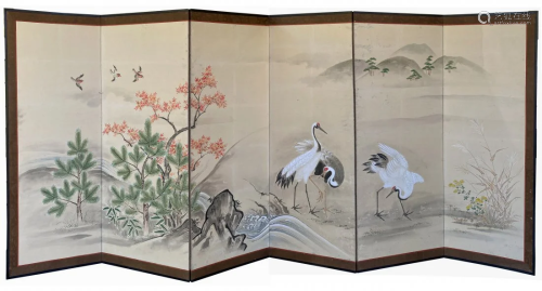 Beautiful Six Panel Screen, Meiji Period circa 1900