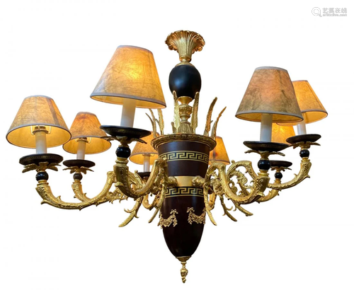 An Empire Style Patinated Bronze Eight Light Chandelier