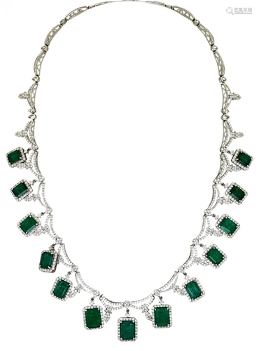 Platinum, Emerald and Diamond Necklace