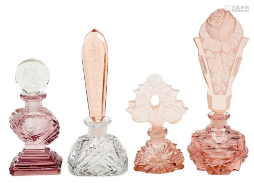 Four Cut Glass Perfumes with Etched Stoppers