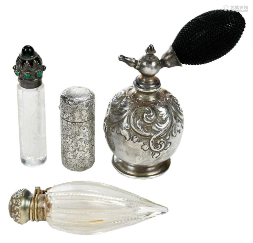 Three Silver Scent Bottles and One Atomizer