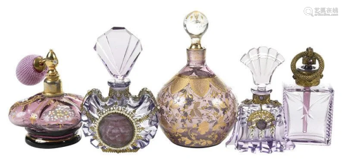 Five Amethyst Glass Perfume Bottles