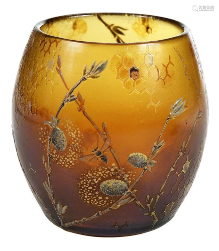 Gall‚ Enameled Honey Bee Motif Art Glass Vase
