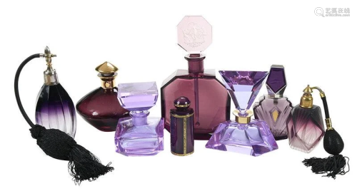 Eight Amethyst Glass Perfume and Cologne Bottles