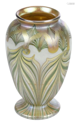 Quezal Pulled Feather Art Glass Cabinet Vase