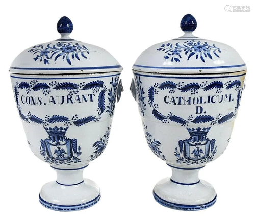 Pair Delft Blue and White Covered Armorial Urn Vases