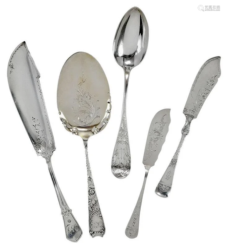 Five Sterling Bright Cut Serving Pieces