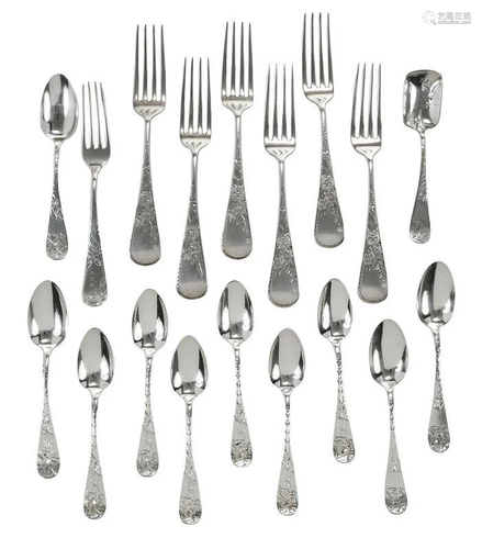 18 Pieces Bright Cut Coin Silver Flatware