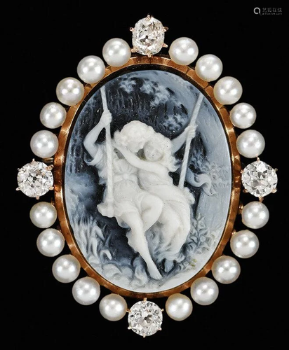 14kt. Cameo and Diamond Brooch